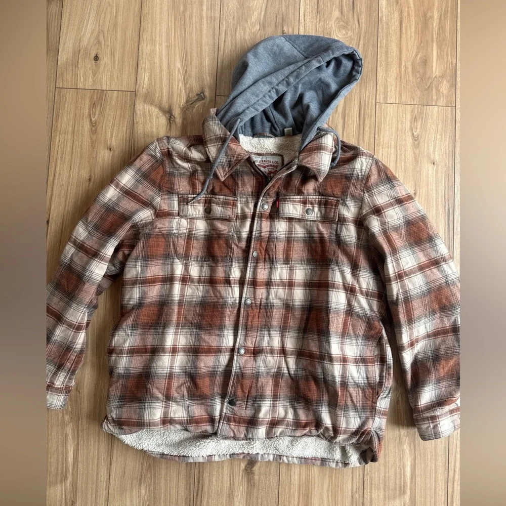 Levi's Men's Size XXL Sherpa Lined Hooded Plaid Brown And Orange Shirt Jacket - Picture 2 of 13